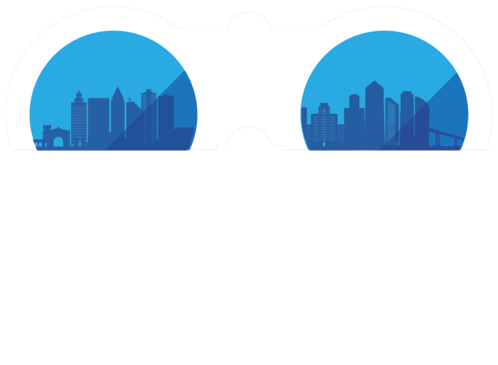Illustration of binoculars looking at San Diego skyline with letters San Diego Stakeouts.